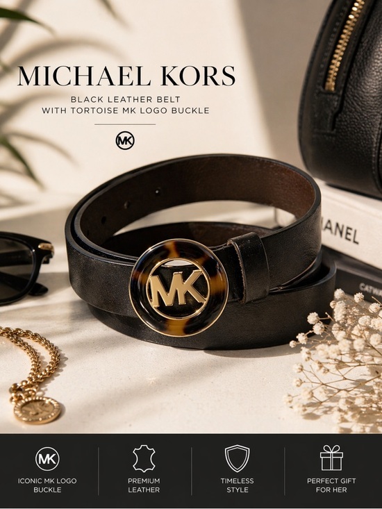 Michael Kors Accessories - Michael Kors Black Leather Belt with Tortoise MK Logo Buckle